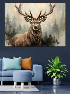 Tablomega Doğal Çelenk Içinde Asil Geyik Dekoratif Kanvas - Mdf Ahşap Tablo