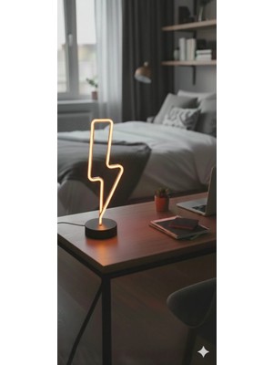 Led Level Şimşek Neon LED Amber Renk Gece Lambası Neon LED Işıklı Masa Lambası Dekoratif Aydınlatma Adabtörlü