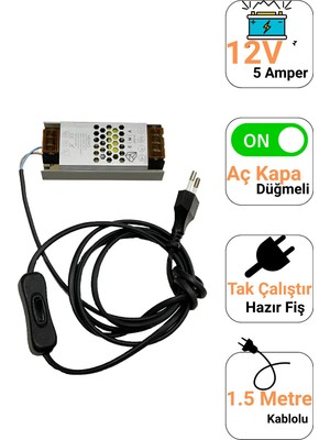 Led Level 12V 10 A Ultra Slim LED Trafo Anahtarlı Fişli 60W Ince Kasa LED Sürücü Adaptör