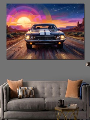 Tablomega Gün Batımında Ilerleyen Klasik Araba Dekoratif Kanvas - Mdf Ahşap Tablo