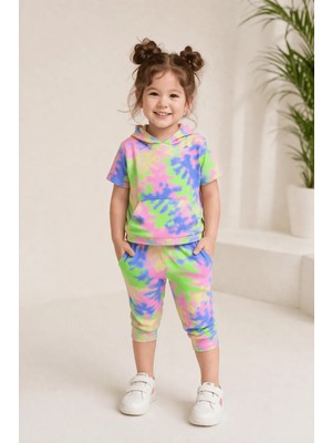 Cuties Kız Çocuk Batik Ebru Desenli Kapüşonlu Takım Kanguru Cepli Tayt Alt Üst Takım