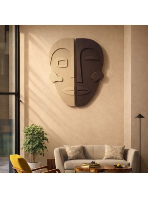 Bohem Ikili Ahşap Duvar Mask 3D Tasarım 80X50 Cm, Ev, Ofis,kafe Duvar Dekorasyonu