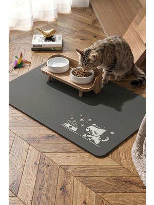 MAtGo Pati Mama Çeken Kedi Gri Renk Beslenme Matı Kaymaz Sıvı Geçirmez Kedi Köpek Mama Paspası 50x70cm