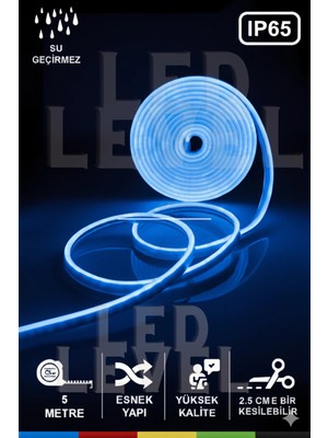 Led Level 12V Neon LED Şerit Mavi Işık Neon LED 5 Metre Prize Tak Çalıştır Anahtarlı +Adaptörlü
