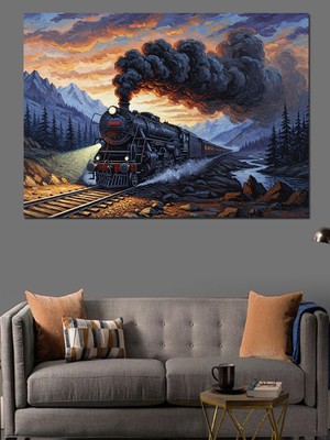 Tablomega Karlı Dağlarda Ilerleyen Buharlı Tren Dekoratif Kanvas - Mdf Ahşap Tablo