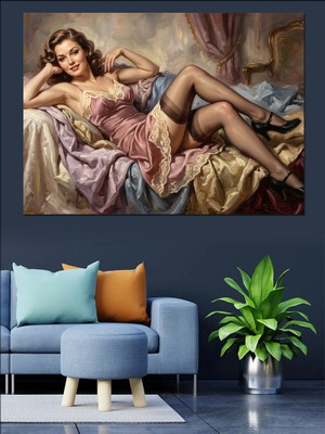 Tablomega Yatakta Uzanan Şık Kadın Portresi Dekoratif Kanvas - Mdf Ahşap Tablo