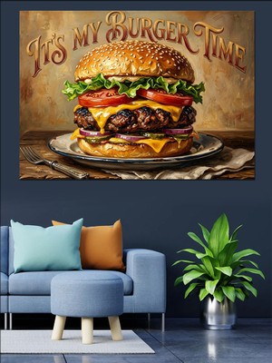 Tablomega It's My Burger Time Yazısı Dekoratif Kanvas - Mdf Ahşap Tablo