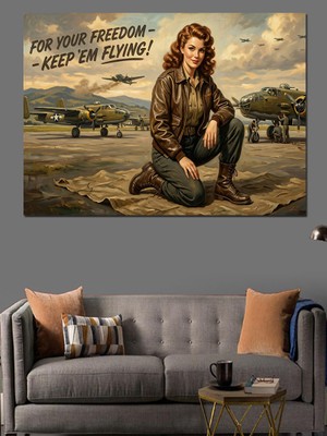 Tablomega Uçağı Yanında Duran Kadın Pilot Dekoratif Kanvas - Mdf Ahşap Tablo