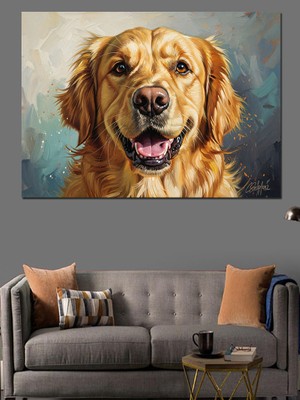 Tablomega Gülümseyen Mutlu Golden Retriever Köpek Dekoratif Kanvas - Mdf Ahşap Tablo