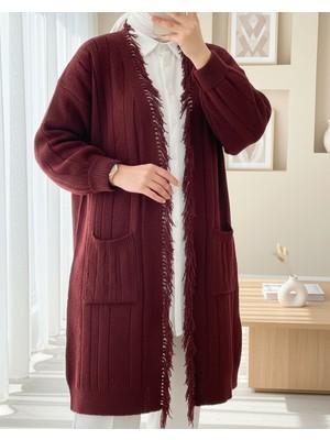 Modamorfo Püskül Detaylı Cepli Triko Hırka -Bordo