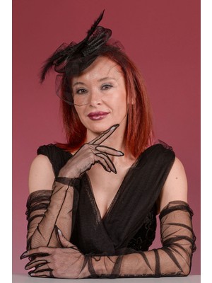 Sed da Exclusive Siyah Dantelli  Gelin  Kepi  Nikah Şapkası  ve  Uzun  Tül Gelin Eldiveni  Kombin  Set