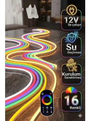 Led Level 12V 20 Metre Rgb Neon Şerit LED 16 Renkli Rf Kumandalı Animasyonlu Adaptörlü + 30ADET Montaj Aparatı