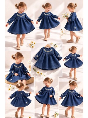 Asyaden Baby Kız Bebek Yakası Nakışlı Şık Bayramlık Yumuşak Pamuklu Kot Elbise