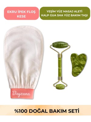 Beyzana 3’lü Premium Set Ekru Ipek Kese & Yeşim Yüz Masaj Aleti & Kalp Gua Taşı