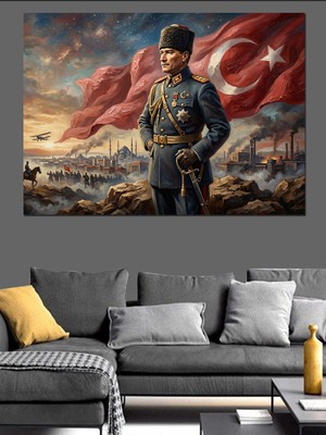 Tablomega Türk Bayraklı Karizmatik Atatürk Portresi Dekoratif Kanvas - Mdf Ahşap Tablo