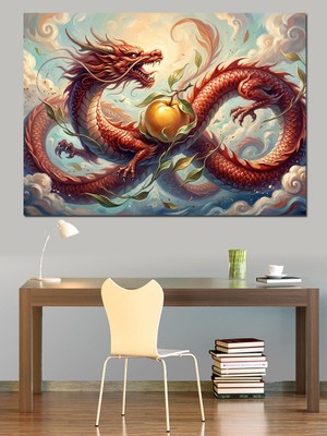 Tablomega Ateş ve Buz Çin Ejderhası Dekoratif Kanvas - Mdf Ahşap Tablo