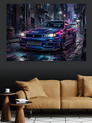 Tablomega Gece Yağmurunda Mavi Spor Araba Dekoratif Kanvas - Mdf Ahşap Tablo