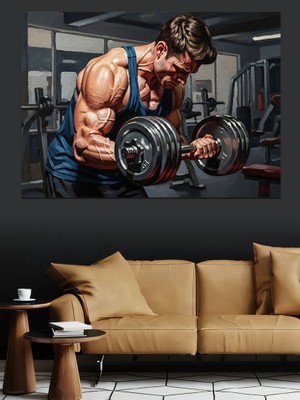 Artmeg Spor Salonunda Ağırlık Kaldıran Adam Dekoratif Kanvas - Mdf Ahşap Tablo