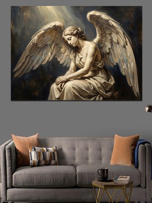Artmeg Hüzünlü ve Kanatlı Beyaz Melek Heykeli Dekoratif Kanvas - Mdf Ahşap Tablo