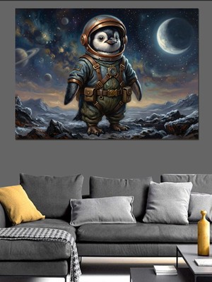 Artmeg Uzayda Ay Üzerinde Minik Astronot Penguen Dekoratif Kanvas - Mdf Ahşap Tablo