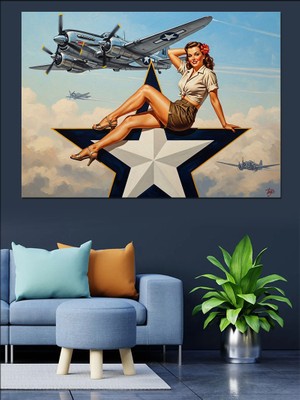Artmeg Uçak Kanadında Oturan Retro Kadın Dekoratif Kanvas - Mdf Ahşap Tablo