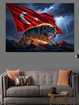 Artmeg Türk Bayrağı ve Yürüyen Kurt Dekoratif Kanvas - Mdf Ahşap Tablo