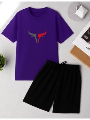 Punix Punıx Büyük Beden Boğa Baskılı Rahat Kalıp Erkek Şort T-Shırt Battal Alt Üst Takım