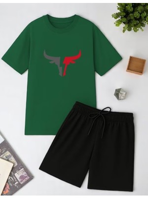 Punix Punıx Büyük Beden Boğa Baskılı Rahat Kalıp Erkek Şort T-Shırt Battal Alt Üst Takım