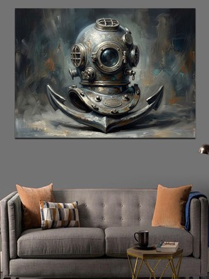 Tablomega Antik Dalgıç Başlığı ve Çapa Dekoratif Kanvas - Mdf Ahşap Tablo