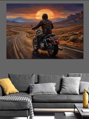 Artmeg Gün Batımında Motosiklet Süren Adam Dekoratif Kanvas - Mdf Ahşap Tablo