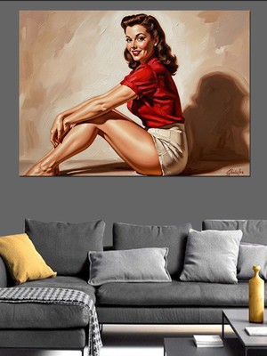 Artmeg Kırmızı Elbiseli Retro Şık Kadın Dekoratif Kanvas - Mdf Ahşap Tablo