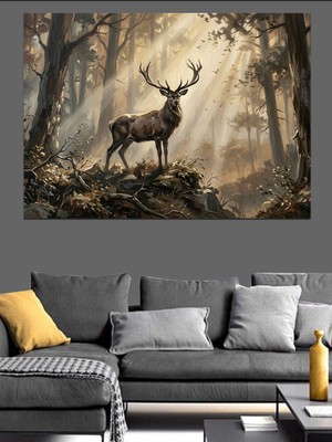 Tablomega Orman Içinde Boynuzlu Görkemli Geyik Dekoratif Kanvas - Mdf Ahşap Tablo