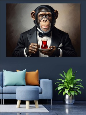 Tablomega Ince Belli Çay Içen Şempanze Dekoratif Kanvas - Mdf Ahşap Tablo