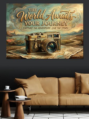 Artmeg Vintage Fotoğraf Makinesi ve Dünya Dekoratif Kanvas - Mdf Ahşap Tablo