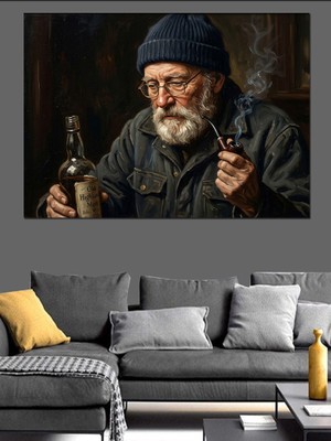 Artmeg Pipolu ve Şapkalı Bilge Adam Dekoratif Kanvas - Mdf Ahşap Tablo