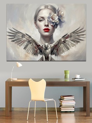 Tablomega Kanatlı ve Çiçekli Zarif Kadın Dekoratif Kanvas - Mdf Ahşap Tablo