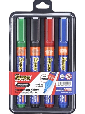 Brons Permanent Marker Kalem Kesik Uç 4 Lü Siyah Mavi Kırmızı BR-9700