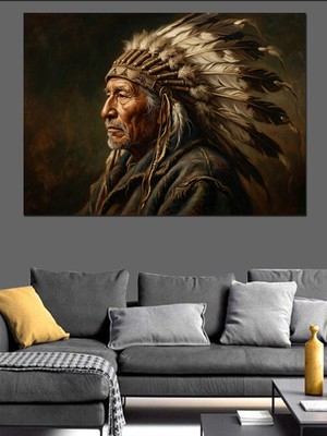 Artmeg Tüylü Başlıklı Kızılderili Reisi Portresi Dekoratif Kanvas - Mdf Ahşap Tablo