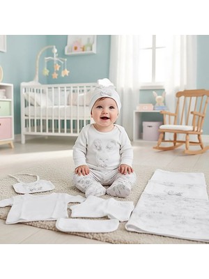 Milays Tavşan Nakışlı Kabartmali ve Dantel Detaylı Premium %100 Pamuk 10 Lu Hastane Çıkış Zıbın Seti