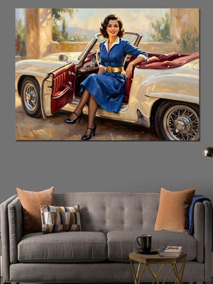 Tablomega Klasik Beyaz Arabalı Retro Kadın Dekoratif Kanvas - Mdf Ahşap Tablo