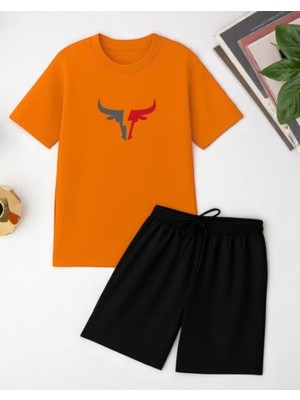 Punix Punıx Büyük Beden Boğa Baskılı Rahat Kalıp Erkek Şort T-Shırt Battal Alt Üst Takım