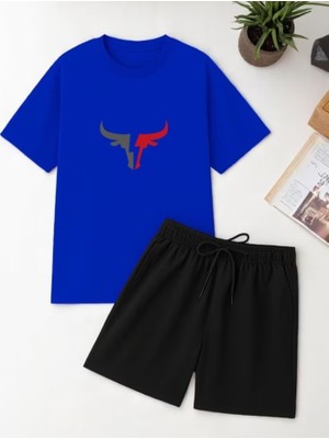 Punix Punıx Büyük Beden Boğa Baskılı Rahat Kalıp Erkek Şort T-Shırt Battal Alt Üst Takım