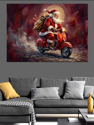 Tablomega Kırmızı Scooter Ile Giden Noel Baba Dekoratif Kanvas - Mdf Ahşap Tablo