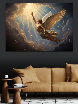 Tablomega Gökyüzünde Süzülen Parlayan Altın Melek Dekoratif Kanvas - Mdf Ahşap Tablo