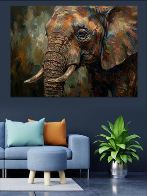 Artmeg Dokulu ve Sanatsal Fil Başı Portresi Dekoratif Kanvas - Mdf Ahşap Tablo