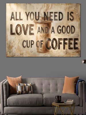 Artmeg Kahve ve Aşk Yazılı Poster Dekoratif Kanvas - Mdf Ahşap Tablo