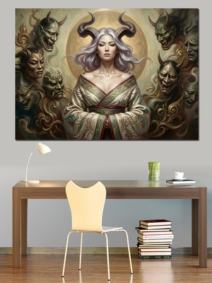Tablomega Mistik Boynuzlu Kadın ve Canavarlar Dekoratif Kanvas - Mdf Ahşap Tablo