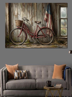 Tablomega Duvarda Asılı Eski Bisiklet ve Bayrak Dekoratif Kanvas - Mdf Ahşap Tablo