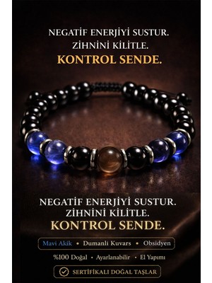 Tesbih Atölyesi Erilsa Sertifikalı Mavi Akik Dumanlı Kuvars Obsidyen Bileklik 8 mm Terahertz Aparatlı Unisex