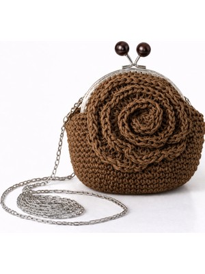 İM&YA El Yapımı Kahverengi Gül Desenli Mini Çanta Kadın Örgü Çanta Zincir Askılı Abiye Cüzdan Metal Klipsli Çanta